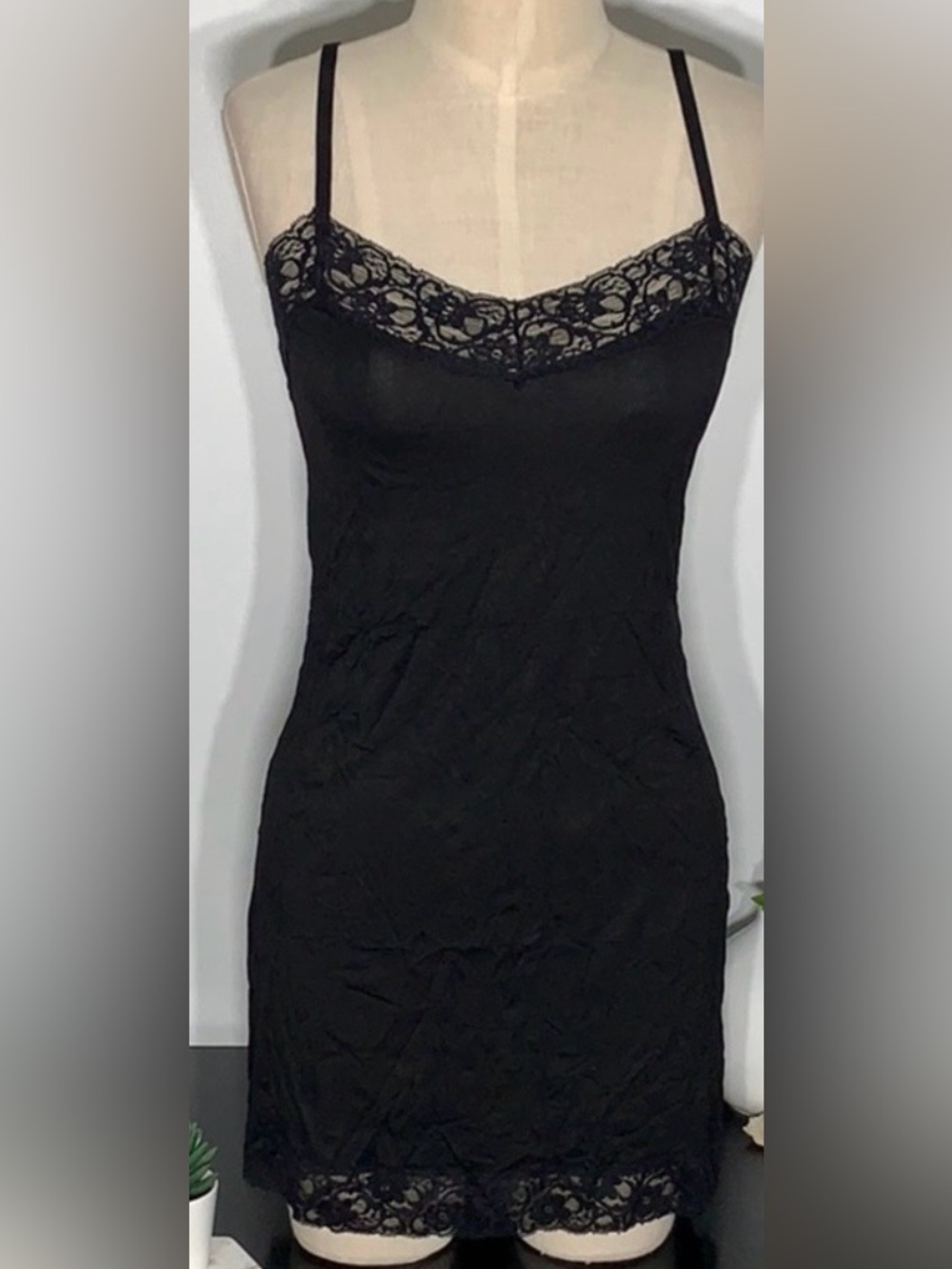 🖤 NEW 🖤 Black Lace Trim Slip Dress Lingerie Set Size Small 🖤